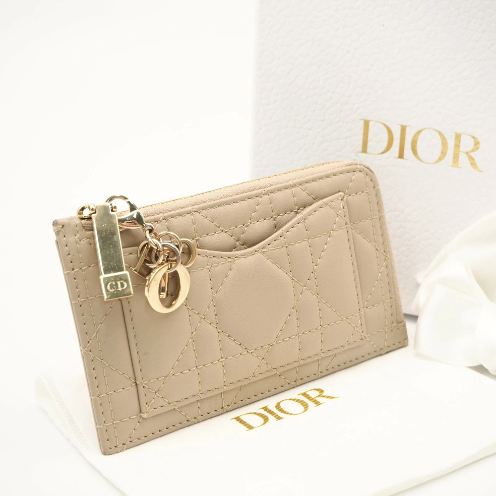 Christian Dior Lady Cosmos zip card holder coin case beige lambskin